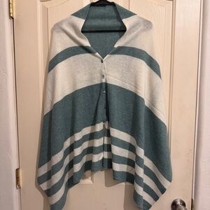 27 Miles Malibu 100% Cashmere Striped Travel Poncho Button White/Teal Women's OS